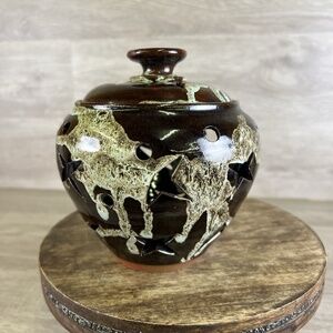 VTG Barbados Pottery with Lid - Candle Holder - Hand Made & Drip Painted